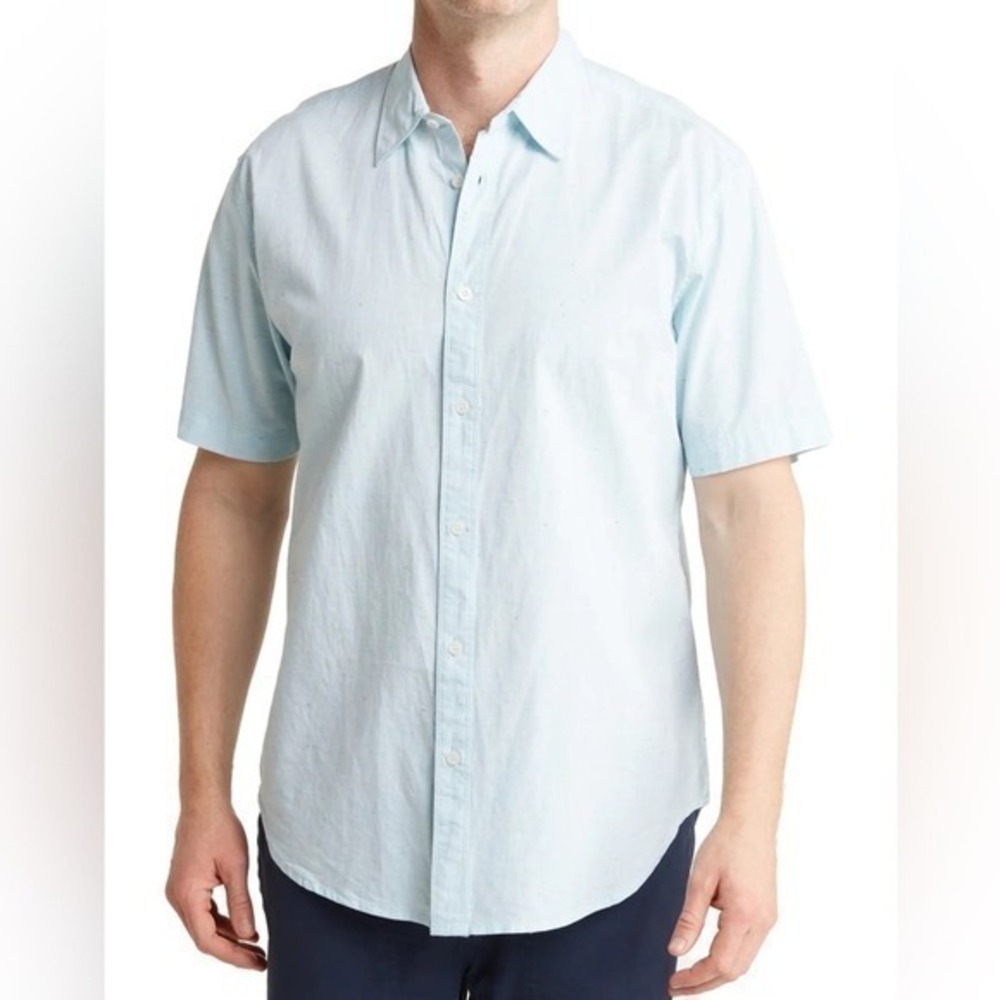 Coastaoro Men’s Light Blue Woven Slub Short Sleeve Button Front Linen Shirt NWOT